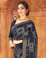 Vishal Prints Dark Grey Art Silk Saree With Foil Print And Zari Border