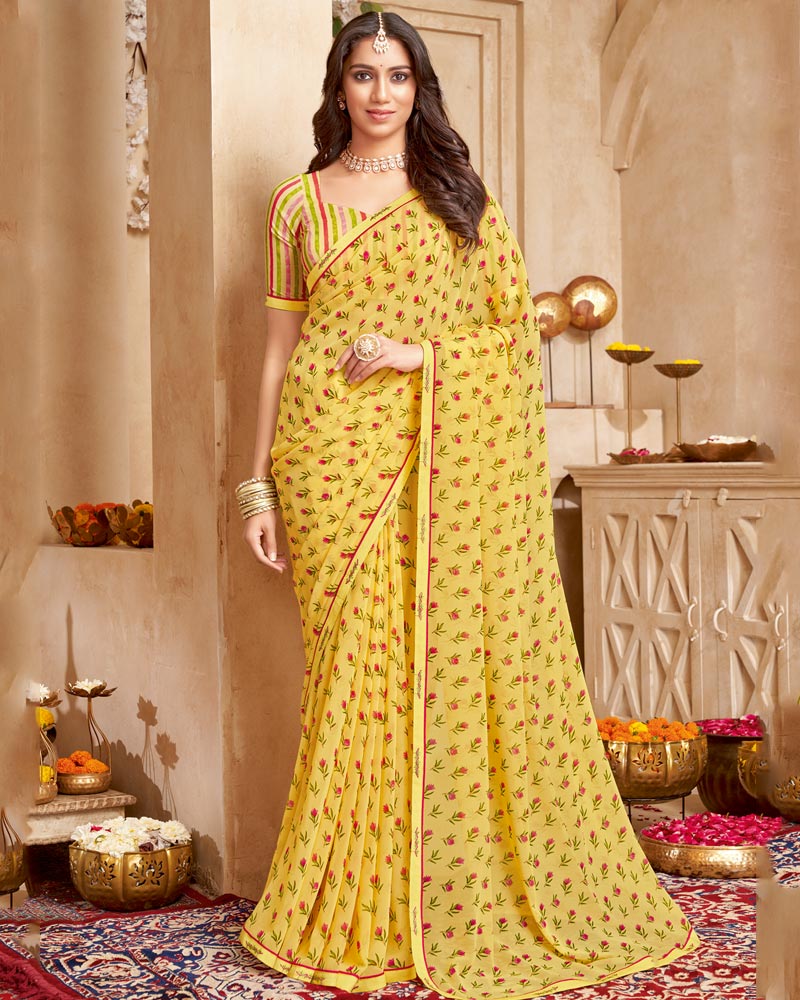 Vishal Prints Pastel Yellow Printed Georgette Saree With Fancy Border