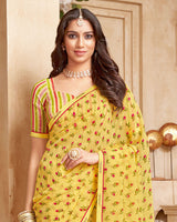 Vishal Prints Pastel Yellow Printed Georgette Saree With Fancy Border