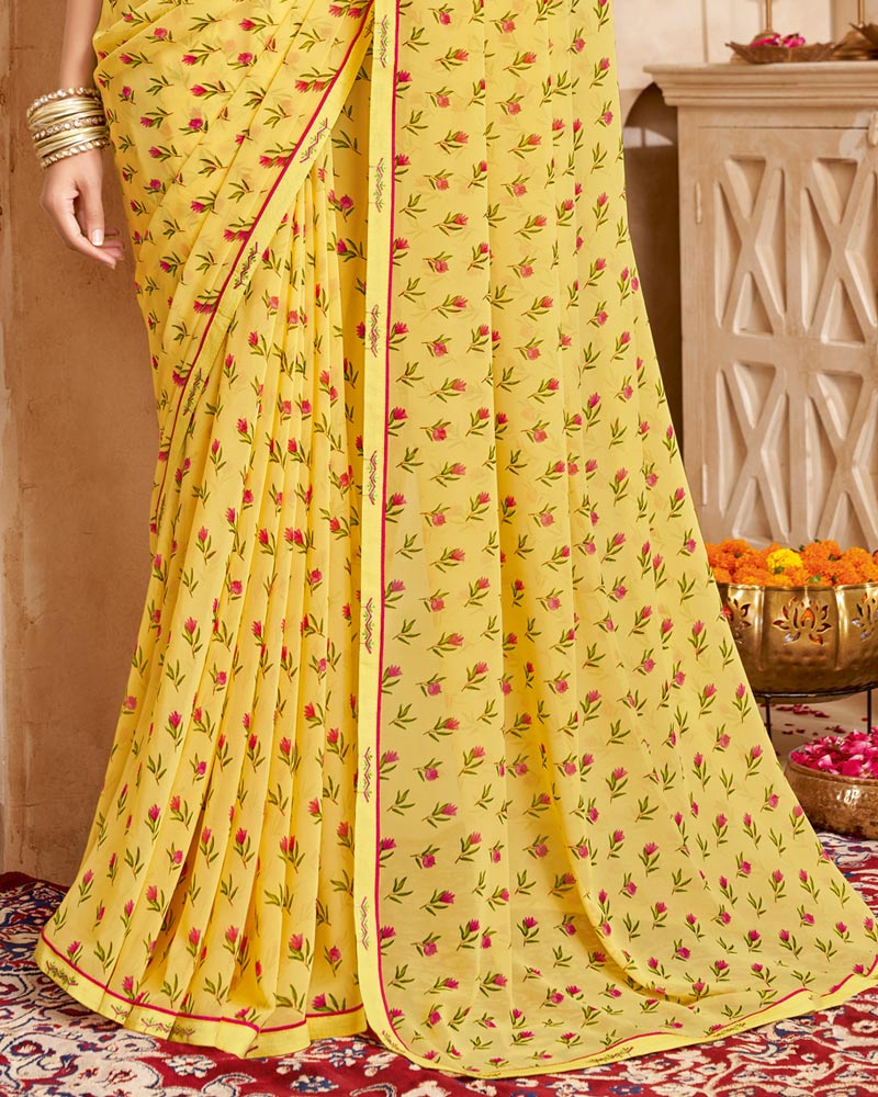 Vishal Prints Pastel Yellow Printed Georgette Saree With Fancy Border