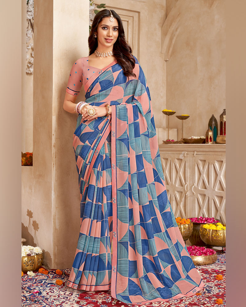 Vishal Prints Dusty Pink Printed Georgette Saree With Fancy Border