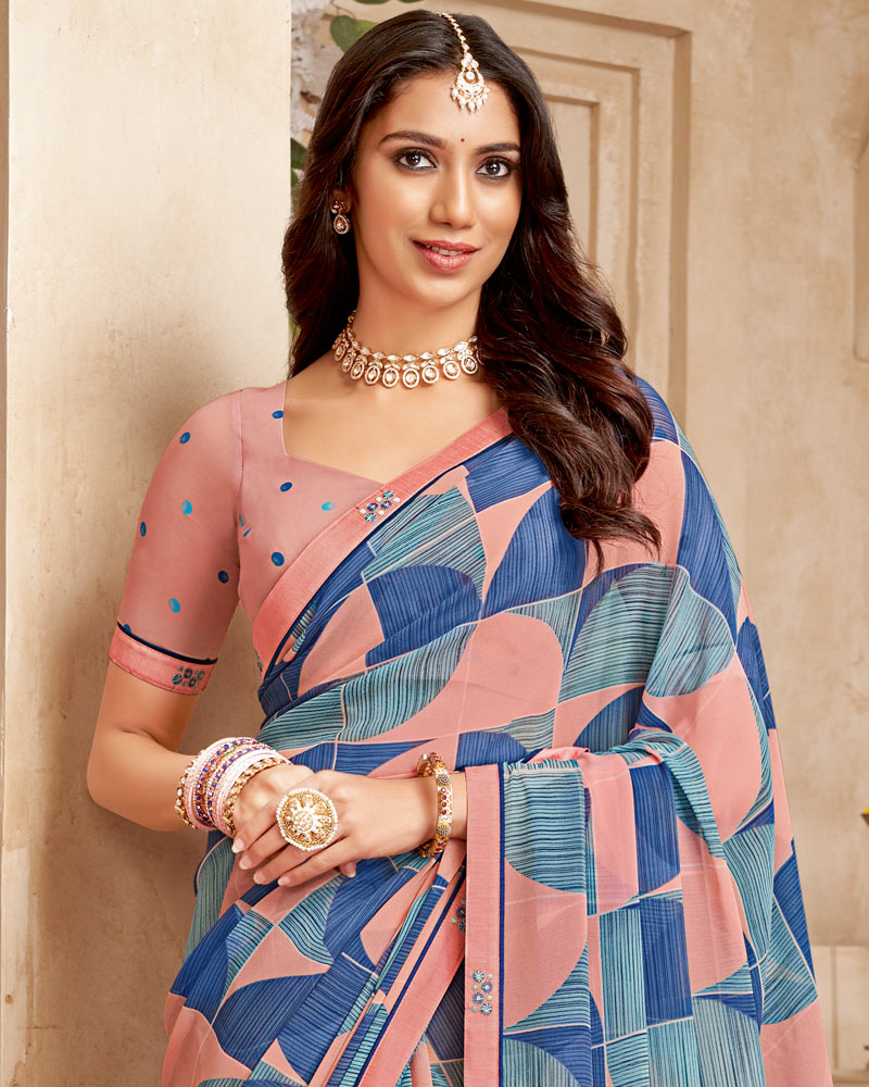 Vishal Prints Dusty Pink Printed Georgette Saree With Fancy Border