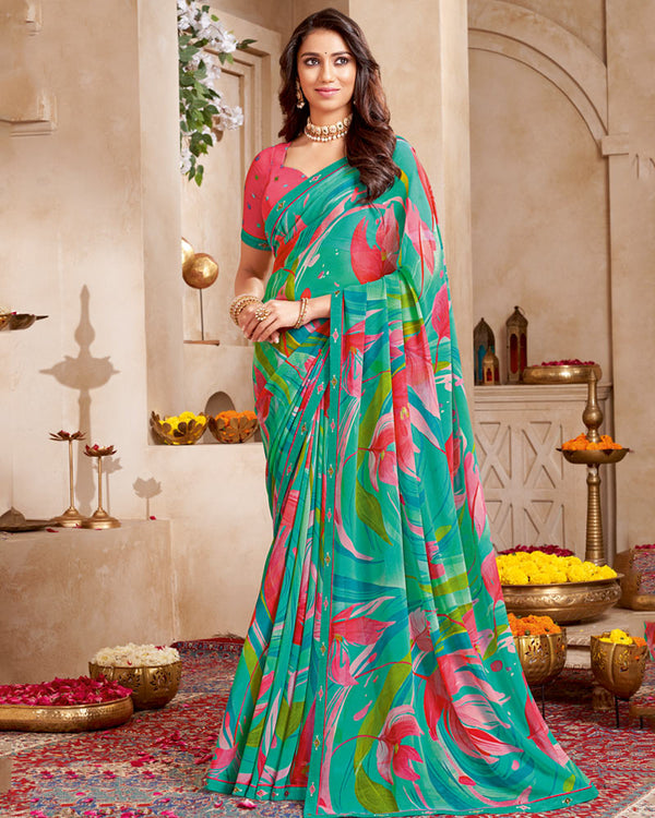 Vishal Prints Deep Sea Green Printed Georgette Saree With Fancy Border
