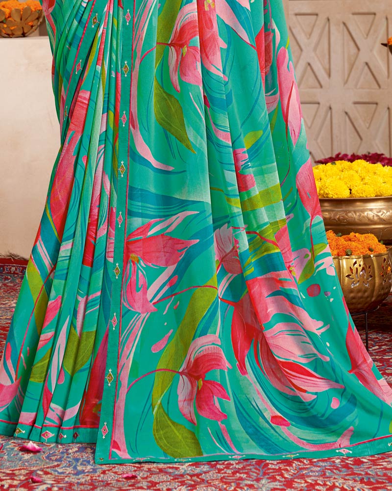 Vishal Prints Deep Sea Green Printed Georgette Saree With Fancy Border