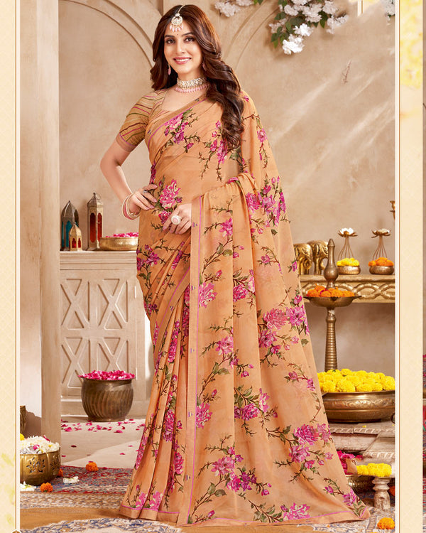 Vishal Prints Pastel Orange Printed Georgette Saree With Fancy Border