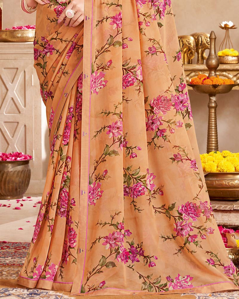 Vishal Prints Pastel Orange Printed Georgette Saree With Fancy Border