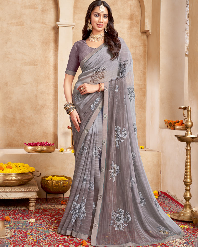 Vishal Prints Silver Grey Printed Georgette Saree With Fancy Border