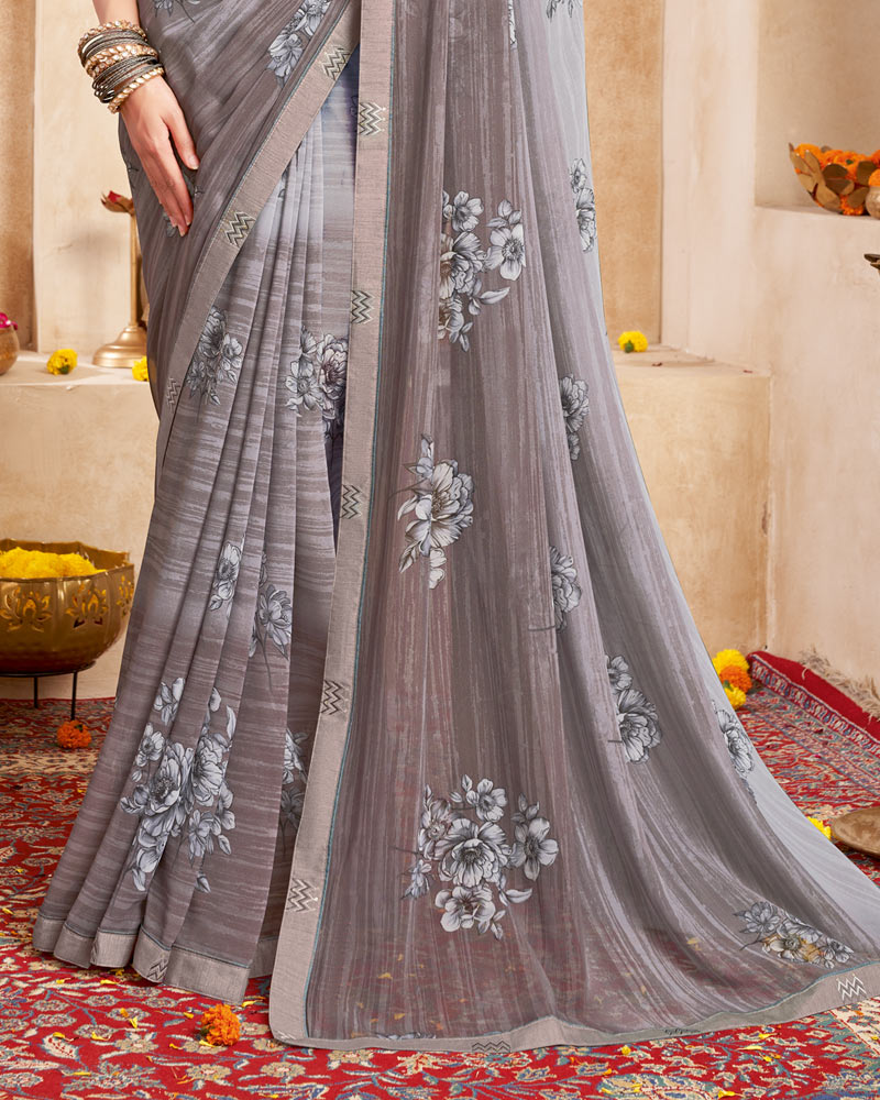 Vishal Prints Silver Grey Printed Georgette Saree With Fancy Border