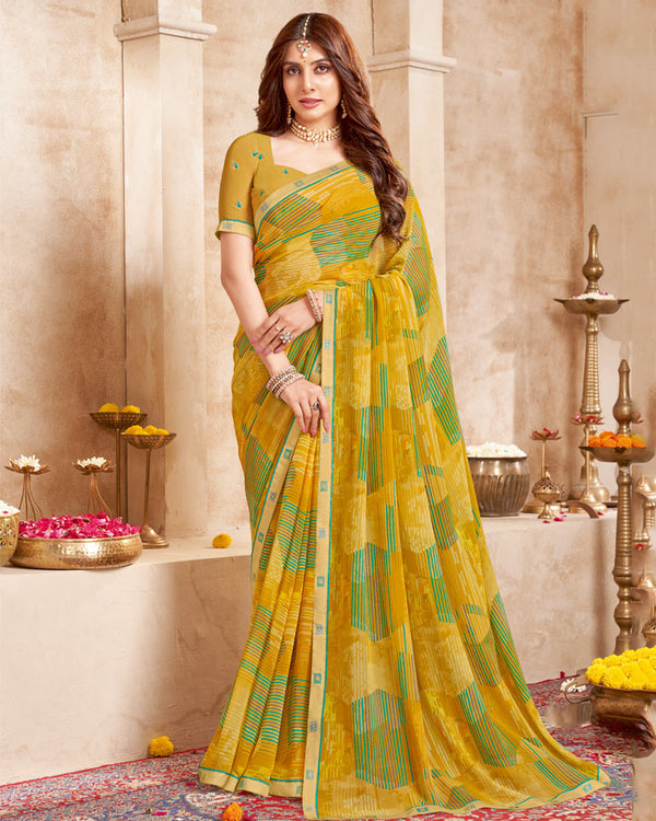 Vishal Prints Yellow Ochre Printed Georgette Saree With Fancy Border