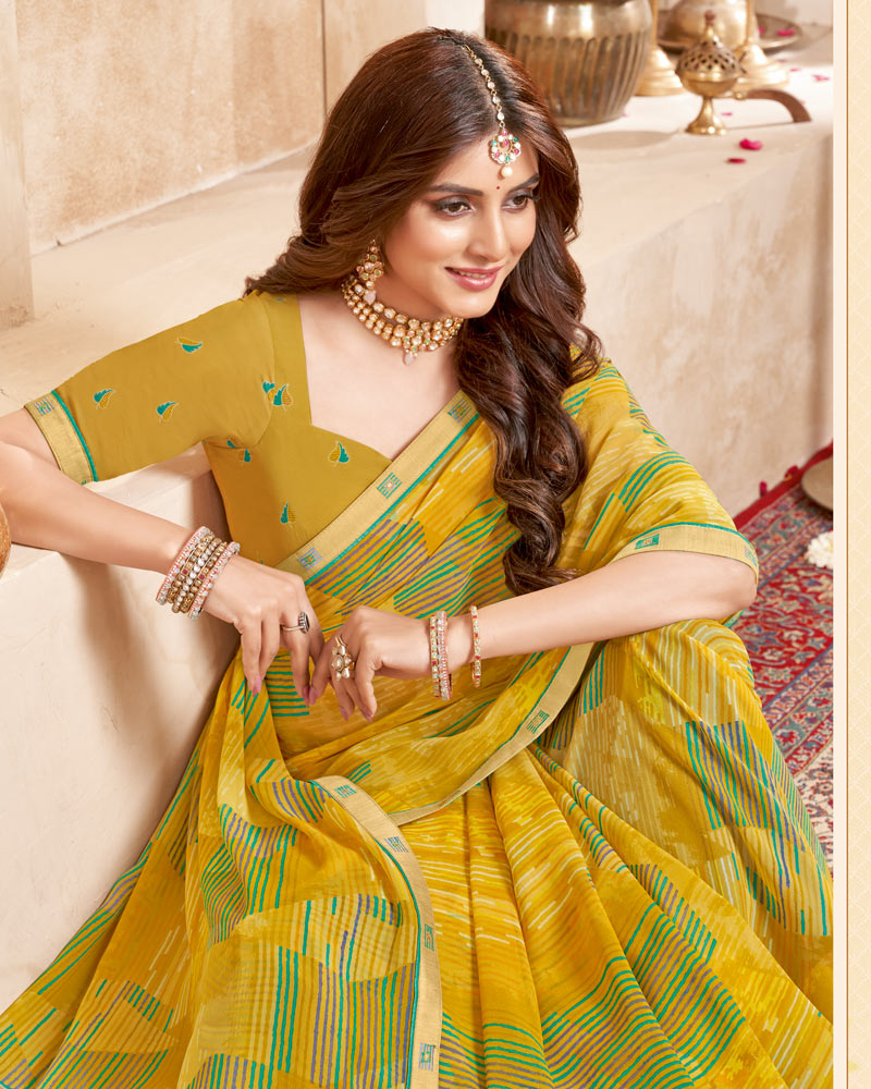 Vishal Prints Yellow Ochre Printed Georgette Saree With Fancy Border