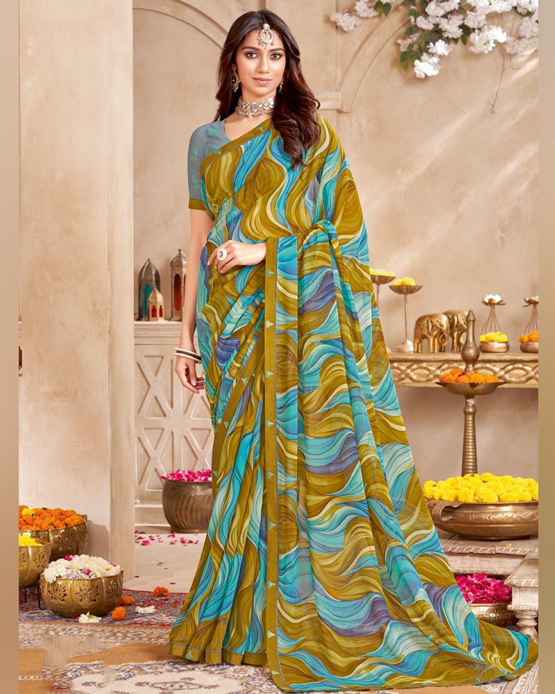 Vishal Prints Dark Mustard Printed Georgette Saree With Fancy Border