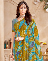 Vishal Prints Dark Mustard Printed Georgette Saree With Fancy Border
