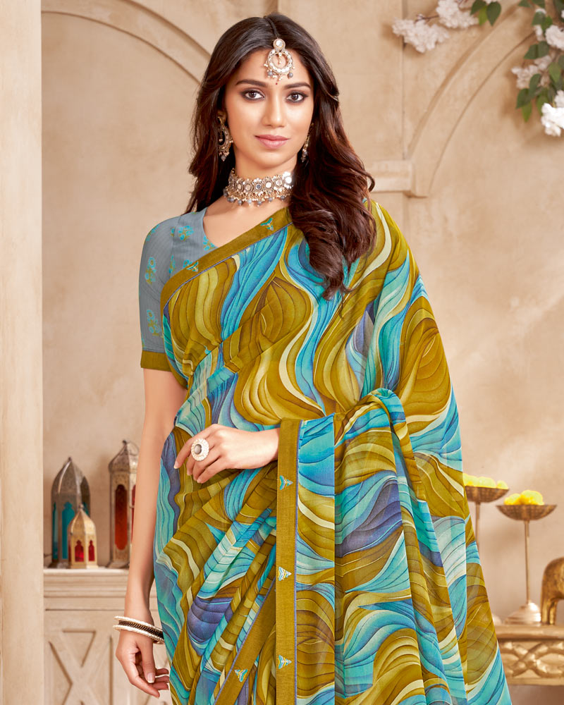 Vishal Prints Dark Mustard Printed Georgette Saree With Fancy Border