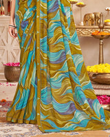 Vishal Prints Dark Mustard Printed Georgette Saree With Fancy Border
