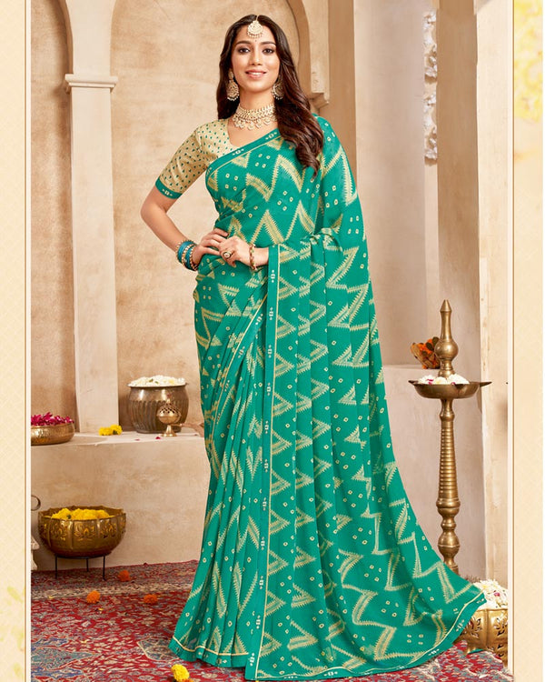 Vishal Prints Persian Green Printed Georgette Saree With Fancy Border