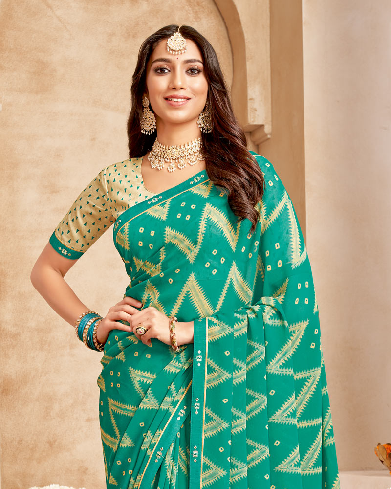 Vishal Prints Persian Green Printed Georgette Saree With Fancy Border