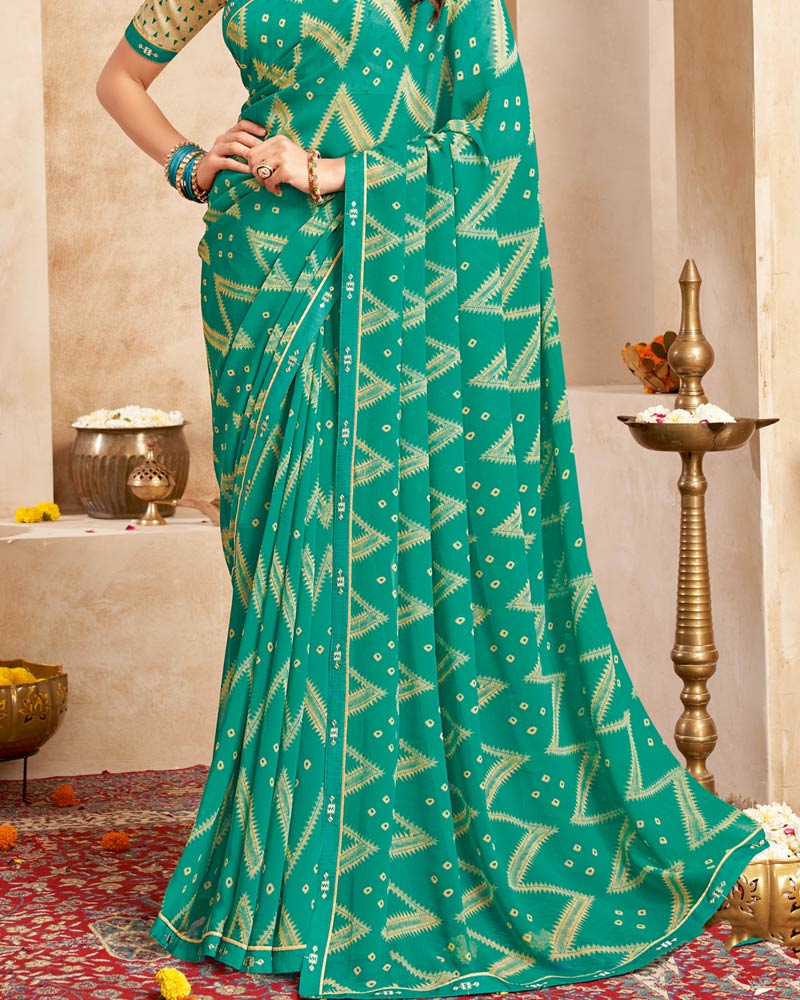 Vishal Prints Persian Green Printed Georgette Saree With Fancy Border