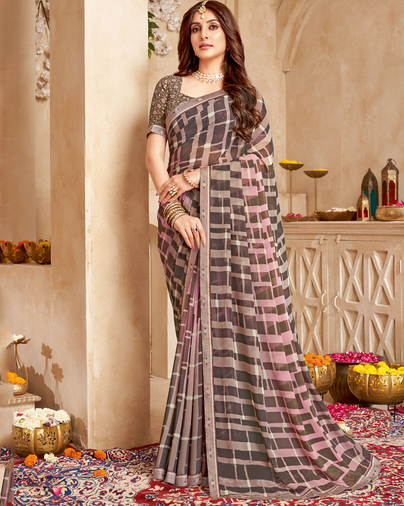 Vishal Prints Pale Taupe Printed Georgette Saree With Fancy Border