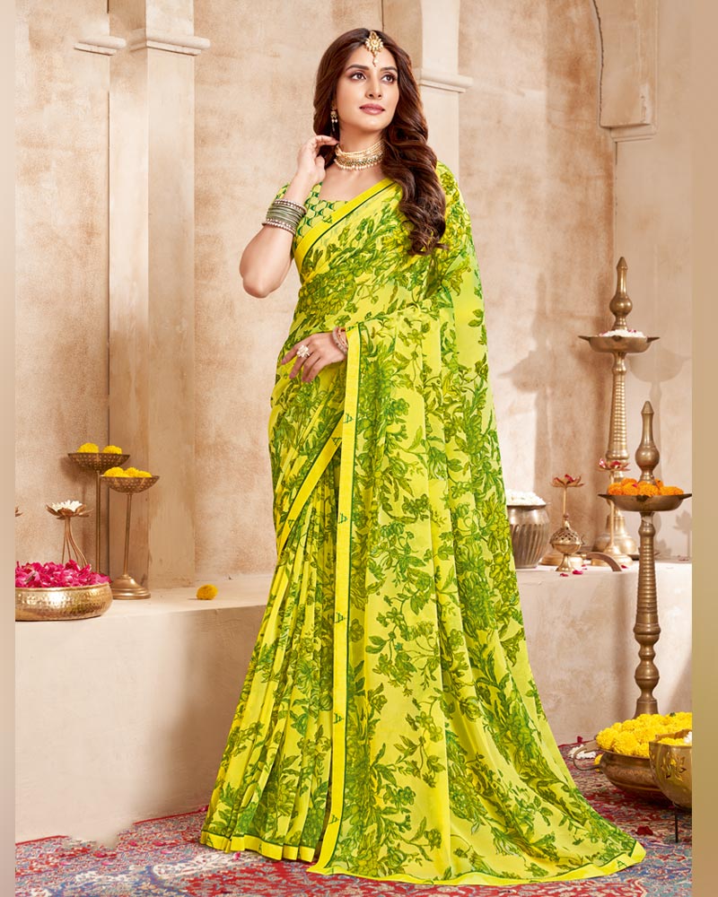 Vishal Prints Radiant Yellow Printed Georgette Saree With Fancy Border