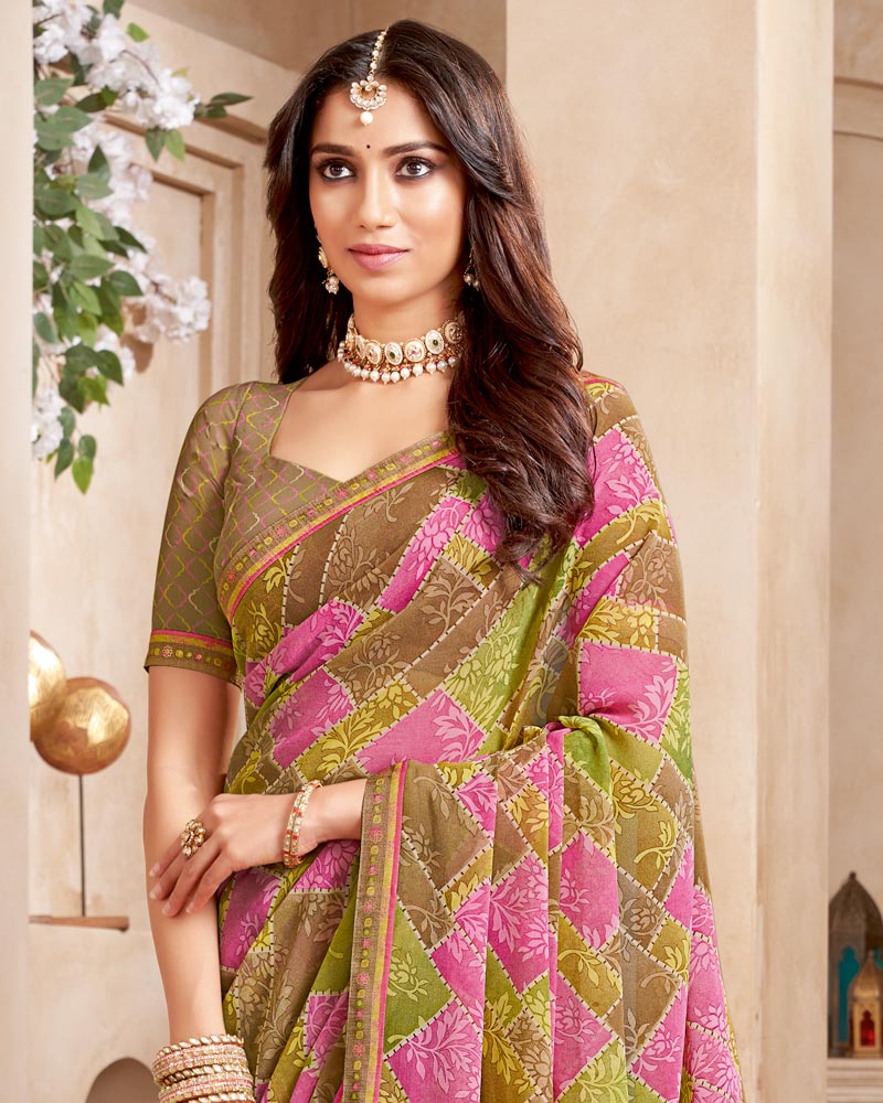Vishal Prints French Beige Printed Georgette Saree With Fancy Border