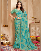 Vishal Prints Dusty Green Printed Georgette Saree With Fancy Border