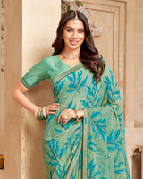 Vishal Prints Dusty Green Printed Georgette Saree With Fancy Border