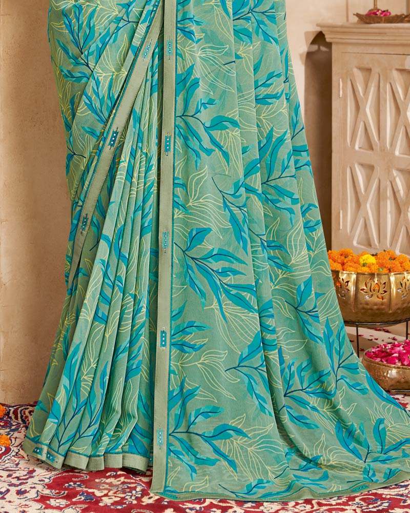 Vishal Prints Dusty Green Printed Georgette Saree With Fancy Border