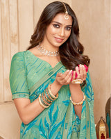 Vishal Prints Dusty Green Printed Georgette Saree With Fancy Border