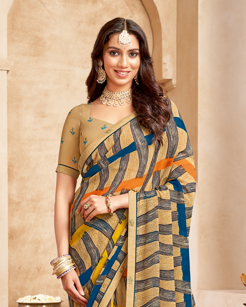 Vishal Prints Sandy Brown Printed Georgette Saree With Fancy Border