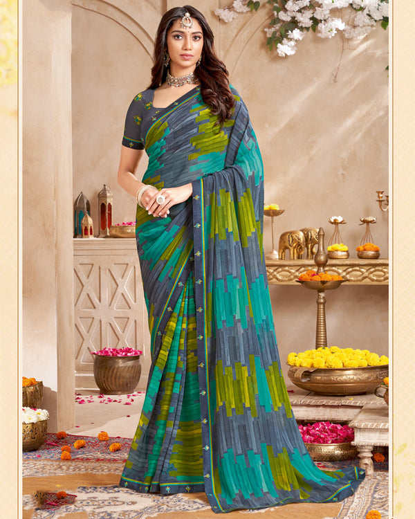 Vishal Prints Bluish Grey Printed Georgette Saree With Fancy Border