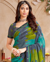 Vishal Prints Bluish Grey Printed Georgette Saree With Fancy Border