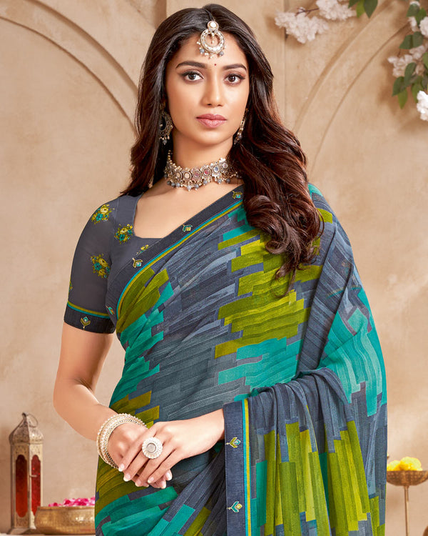 Vishal Prints Bluish Grey Printed Georgette Saree With Fancy Border
