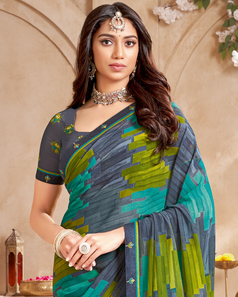 Vishal Prints Bluish Grey Printed Georgette Saree With Fancy Border