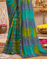 Vishal Prints Bluish Grey Printed Georgette Saree With Fancy Border