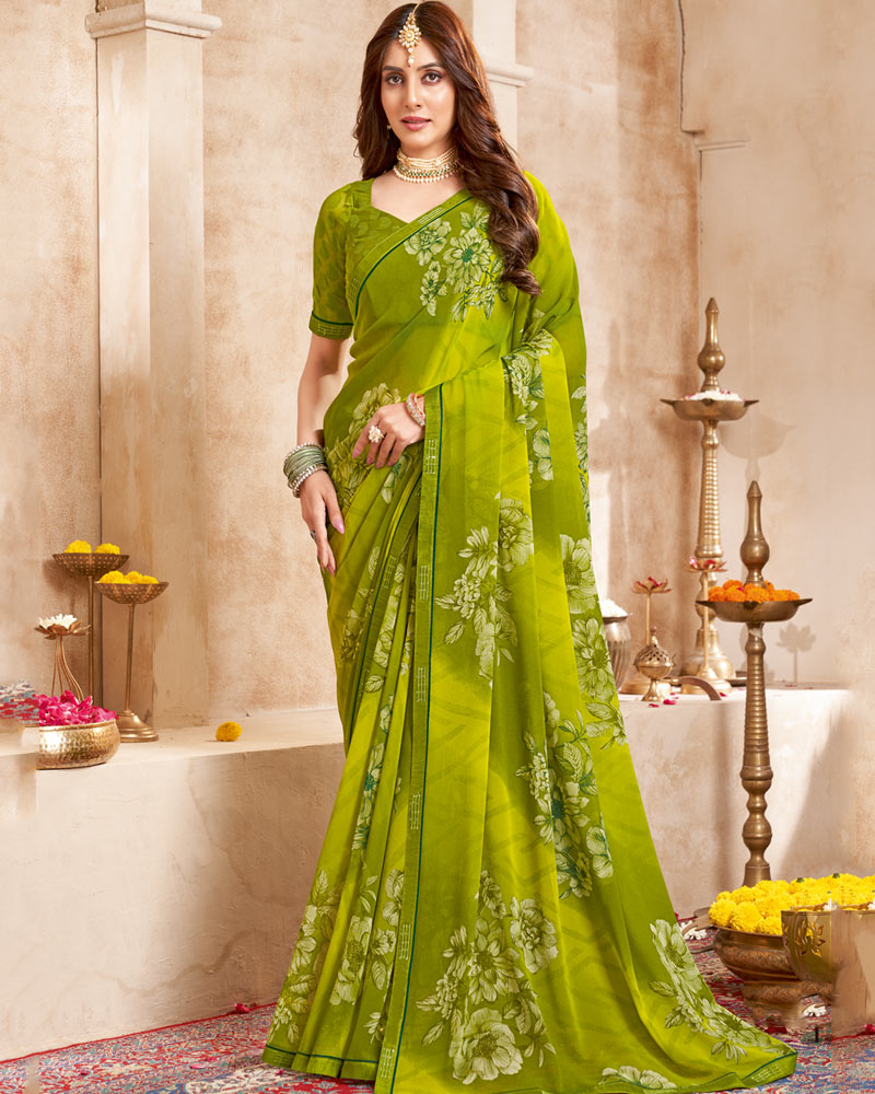 Vishal Prints Olive Green Printed Georgette Saree With Fancy Border