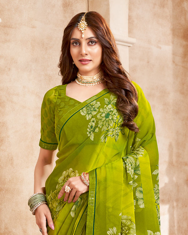 Vishal Prints Olive Green Printed Georgette Saree With Fancy Border