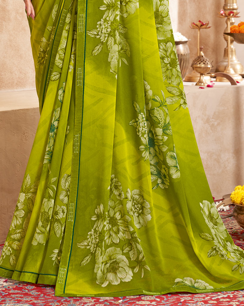 Vishal Prints Olive Green Printed Georgette Saree With Fancy Border