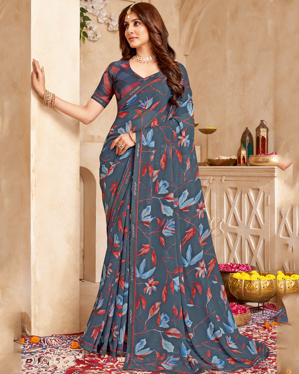 Vishal Prints Dark Slate Grey Printed Georgette Saree With Fancy Border