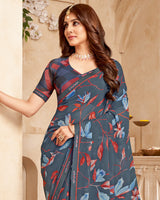 Vishal Prints Dark Slate Grey Printed Georgette Saree With Fancy Border