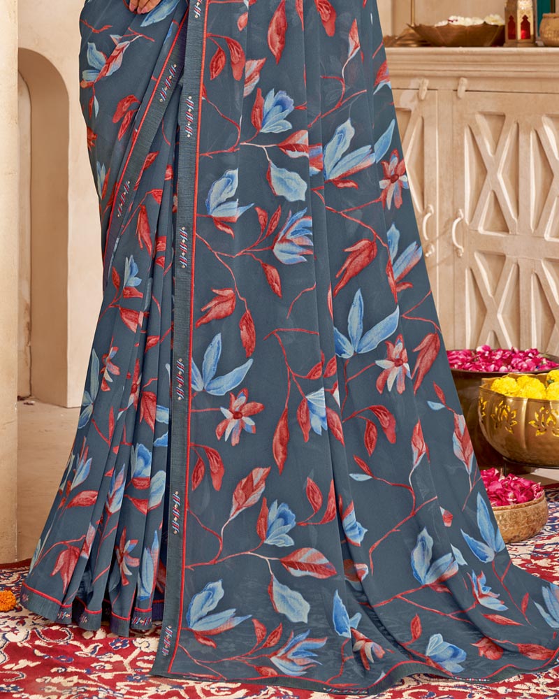 Vishal Prints Dark Slate Grey Printed Georgette Saree With Fancy Border