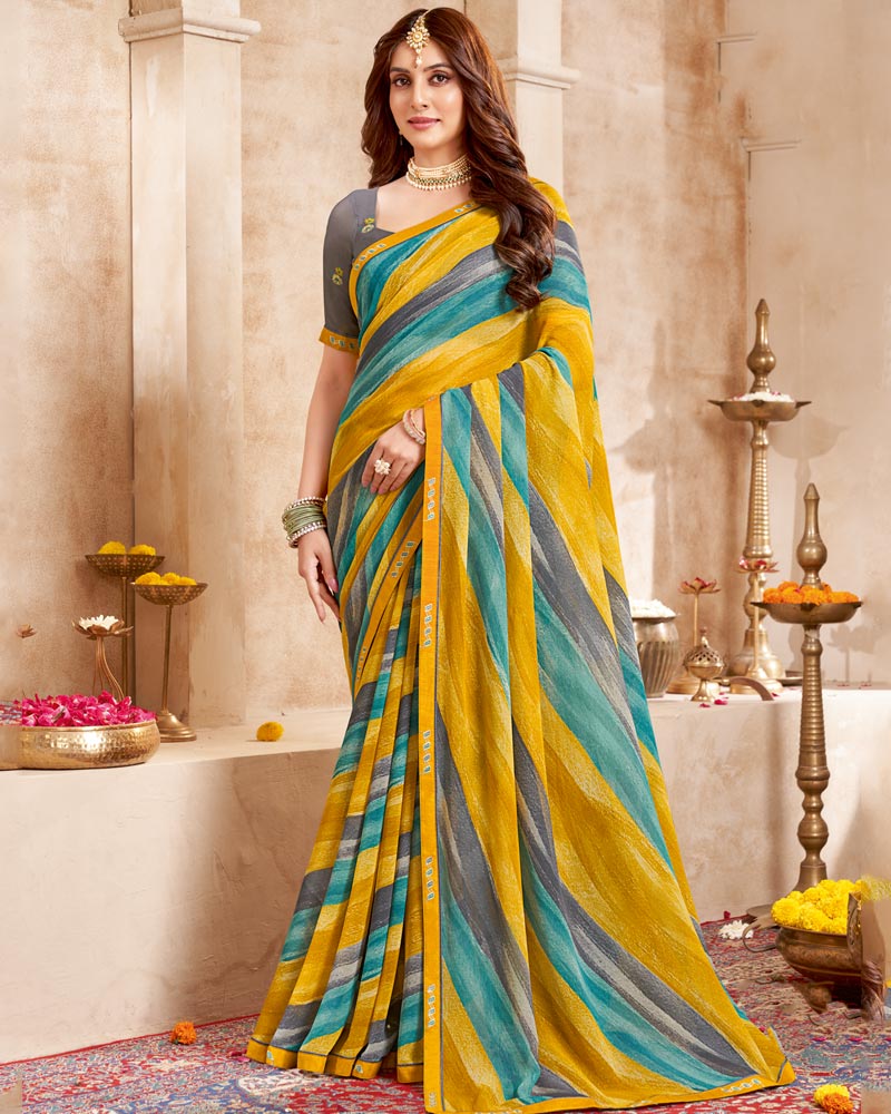 Vishal Prints Yellow Ochre Printed Georgette Saree With Fancy Border