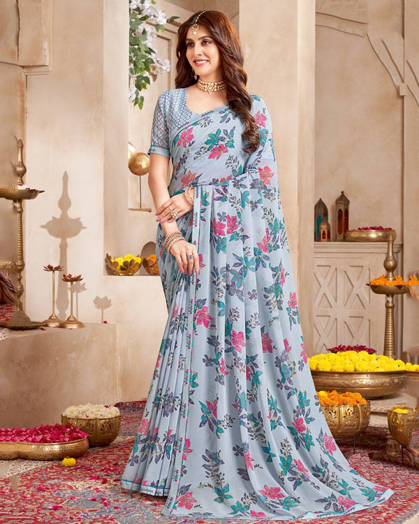 Vishal Prints French Grey Printed Georgette Saree With Fancy Border