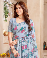 Vishal Prints French Grey Printed Georgette Saree With Fancy Border
