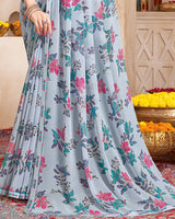 Vishal Prints French Grey Printed Georgette Saree With Fancy Border