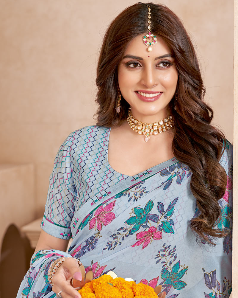 Vishal Prints French Grey Printed Georgette Saree With Fancy Border
