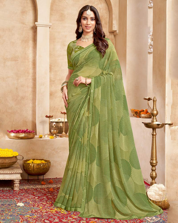 Vishal Prints Khaki Green Printed Georgette Saree With Fancy Border
