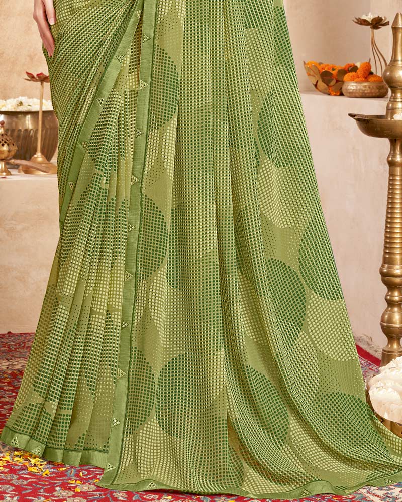 Vishal Prints Khaki Green Printed Georgette Saree With Fancy Border