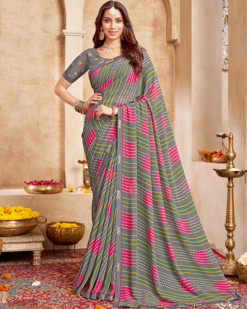 Vishal Prints Smokey Grey Printed Georgette Saree With Fancy Border