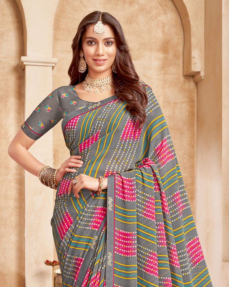Vishal Prints Smokey Grey Printed Georgette Saree With Fancy Border