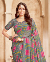 Vishal Prints Smokey Grey Printed Georgette Saree With Fancy Border